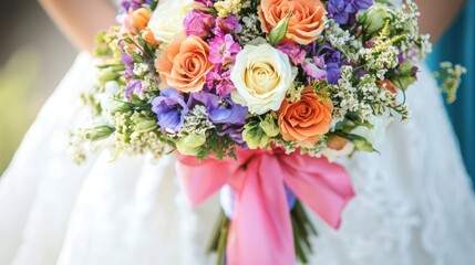Obraz premium A close-up of a wedding bouquet tied with a satin ribbon, showcasing its vibrant and colorful flowers.