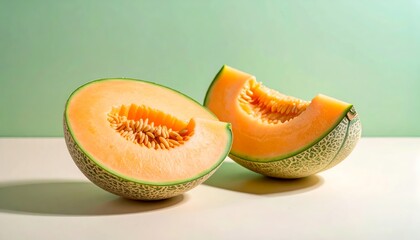 Vibrant cantaloupe halves on a clean surface with soft, inviting and summer colors.