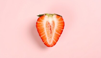 Vibrant cross-section of a strawberry, showcasing its juicy interior on a pink backdrop.