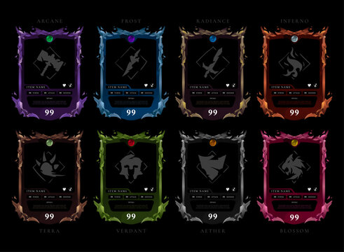 Elemental Fantasy Trading Card Template Pack &ndash; Arcane, Frost, Radiance, Inferno, Terra, Verdant, Aether, and Blossom RPG TCG Frames for Fantasy Deck Builder, Collectible Cards, and Game UI