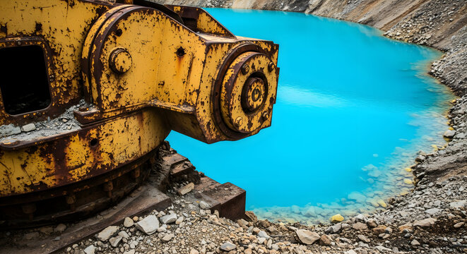 Rusty machinery contrasts with vibrant turquoise water at industrial site