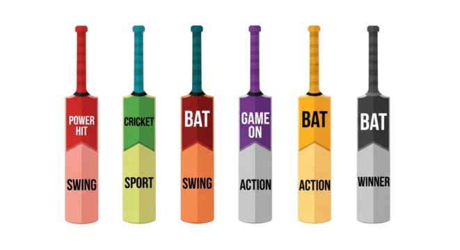 A vibrant illustration showcases six colorful cricket bats, each labeled with words like 'Power Hit', 'Swing', and 'Winner', perfect for sports-related designs.