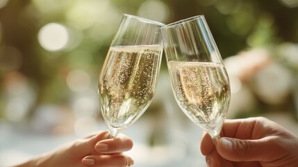 A close-up of champagne glasses clinking together during the wedding toast, with a soft background.