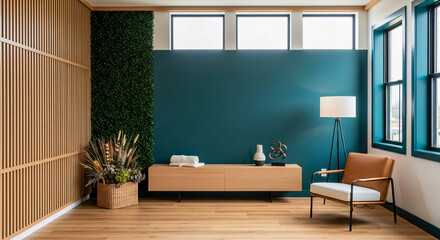 Modern Interior with Teal Wall, Wood Paneling, and Natural Accents