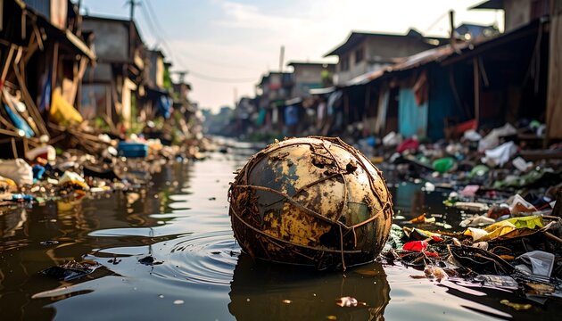 A dirty globe floats in a polluted waterway amidst slums