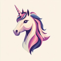 Unicorn head logo vector illustration flat modern geometric style symmetrical design pastel purple and pink colors with triangular horn minimal clean outline colorful icon design isolated on light