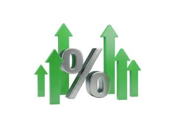 Illustration of 3d rendering of a percentage symbol surrounded by green upward arrows, isolated on transparent background on transparent background