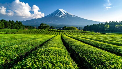 Fototapeta premium Vast tea fields stretch towards a majestic snow-capped mountain