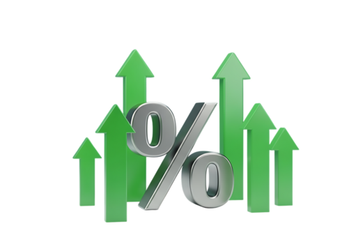 Illustration of 3d rendering of a percentage symbol surrounded by green upward arrows, isolated on transparent background on transparent background