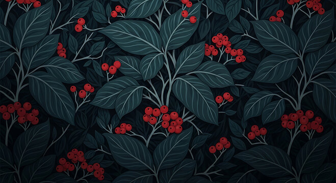 Dark moody floral pattern with deep green leaves and red berries