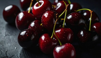 A cluster of deep red cherries glistens with droplets of water on a dark surface.