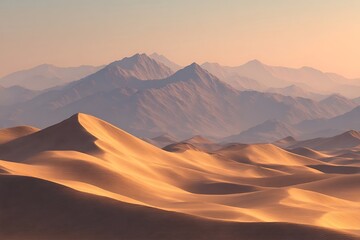 Naklejka premium Stunning desert landscape with majestic mountains at sunset, perfect for travel inspiration and adventure-themed campaigns, serene and calming vibes