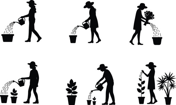 Plant growth silhouettes, people watering plants, gardening care illustration, nurturing nature artwork, environmental concept drawing, sustainability vector design, eco lifestyle sketch