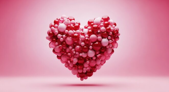 Heart shape made of small red and pink candies on a pink background - Powered by Adobe