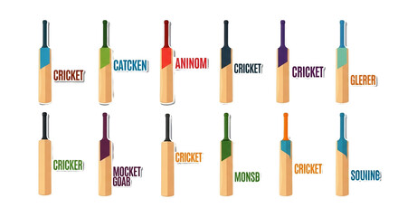 A colorful vector illustration showcases a collection of cricket bats with various handle colors and labels, perfect for sports or game-related designs and promotional materials.