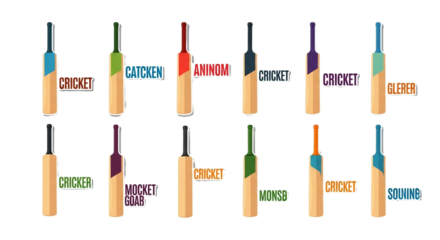A colorful vector illustration showcases a collection of cricket bats with various handle colors and labels, perfect for sports or game-related designs and promotional materials.