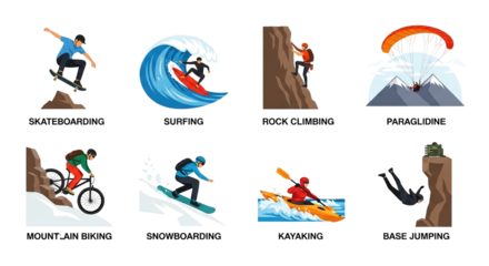 An illustrated collection showcases various exciting outdoor adventure sports, including skateboarding, surfing, rock climbing, paragliding, mountain biking, snowboarding, kayaking, and base jumping.