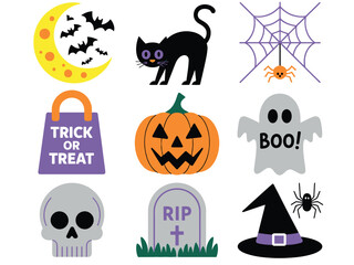 Playful Halloween icons featuring a black cat, pumpkin, ghost, and spooky symbols