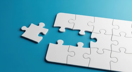 White puzzle pieces on a blue background with one piece missing