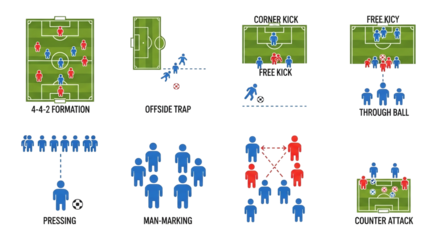 Illustrated soccer diagrams showcase various game strategies including formations, set plays, and tactical maneuvers, providing a visual guide for coaches and fans to understand the sport.