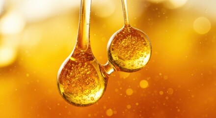 Golden honey dripping in slow motion with bokeh background