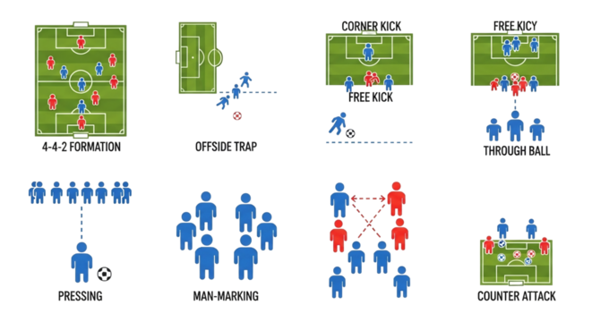 Illustrated soccer diagrams showcase various game strategies including formations, set plays, and tactical maneuvers, providing a visual guide for coaches and fans to understand the sport.