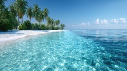 Fototapeta premium Tropical Island Beach with White Sand and Turquoise Water Under a Clear Blue Sky Sunny Day