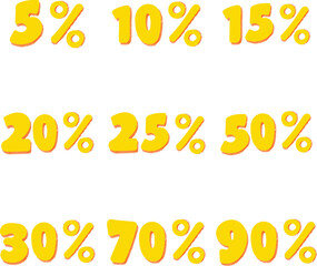 Colorful yellow percentage numbers from 5% to 90%, perfect for highlighting discounts, sales offers, promotions, or marketing materials.
