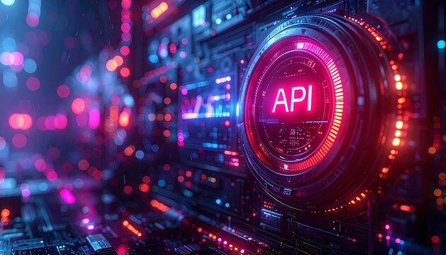 A futuristic, abstract close-up showcases a circular illuminated interface with "API" glowing. It's embedded in a complex, detailed technological structure