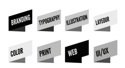 A collection of design-related labels, including branding, typography, and web design, arranged in a modern and visually appealing graphic for various creative projects.