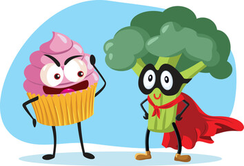 Good Broccoli versus Evil Cupcake Food Concept Illustration. Healthy and unhealthy different kind of foods 
