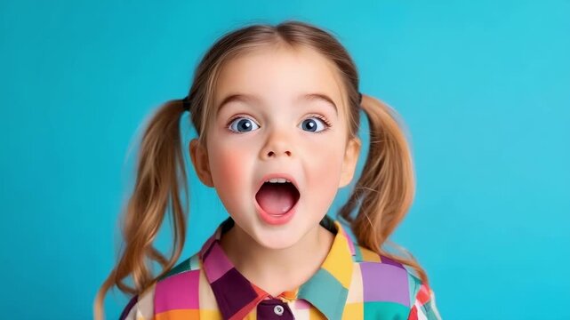 A surprised young girl with pigtails wearing a colorful plaid shirt against a bright blue background.