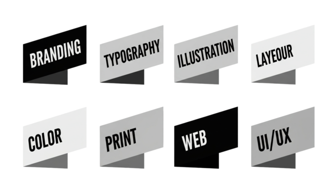 A collection of design-related labels, including branding, typography, and web design, arranged in a modern and visually appealing graphic for various creative projects.