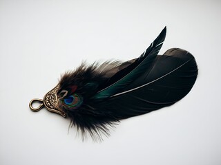 Close-up of a decorative cloak clasp adorned with a black feather and iridescent peacock eye detail on a plain white background