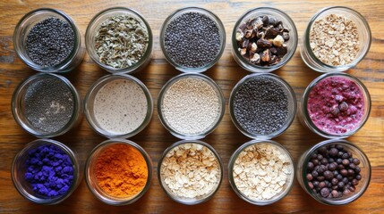 Variety of Colorful Spices and Seeds in Glass Jars on Wooden Table