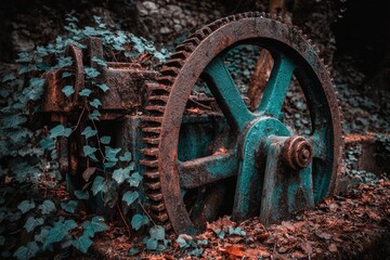 Rusted industrial gear wheel overgrown with ivy