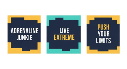 Three square graphic designs with motivational phrases in a pixelated style, ideal for inspiring content, social media posts, and marketing materials to encourage achievement.