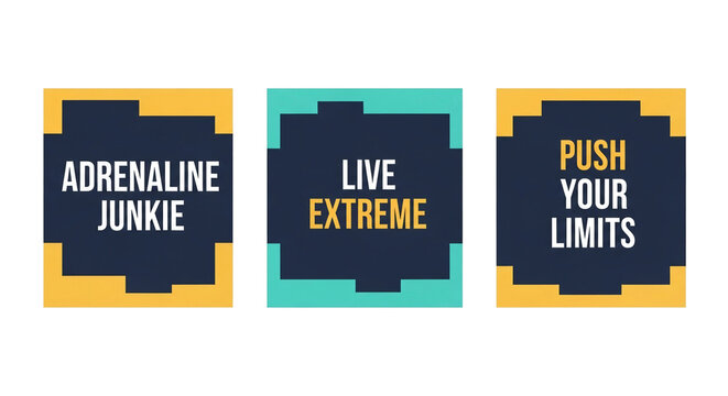 Three square graphic designs with motivational phrases in a pixelated style, ideal for inspiring content, social media posts, and marketing materials to encourage achievement.