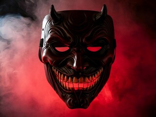 Diabolical grinning mask with glowing eyes and teeth against a smoky red background, evoking a sense of mystery and mischief