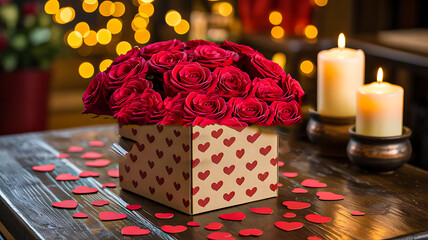 Romantic red roses in heart box with candles for valentine love decoration