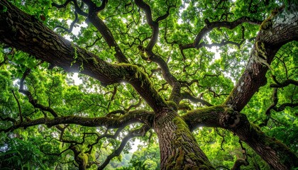 Naklejka premium An upward view of a large tree, featuring its extensive branches and lush green foliage, creating a textured canopy against the bright sky
