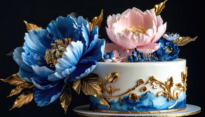 Elegant cake adorned with intricate edible flowers