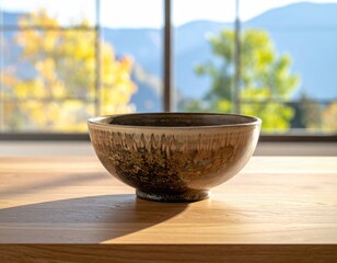 Ceramic bowl on a table, sunlit view