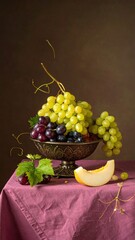 Still life of grapes and melon in antique bowl