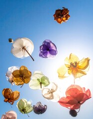 Colorful flowers suspended in a bright sky
