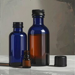 Three blue and amber glass bottles on a light surface