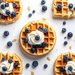 Waffle artistry Fresh waffles topped with whipped cream and blueberries, arranged on a white background