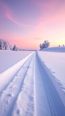 Winter road through a snow-covered landscape at sunrise