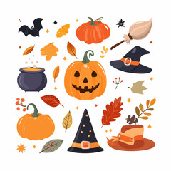 Whimsical Halloween Collection Featuring Pumpkins, Witch Hats, and a Cauldron Perfect for Autumn Celebrations and Spooky Decor