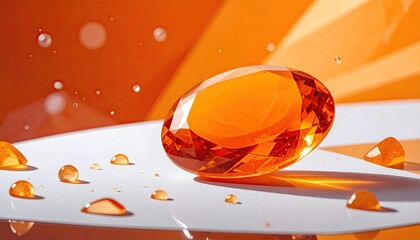 Orange gemstone, water droplets, light